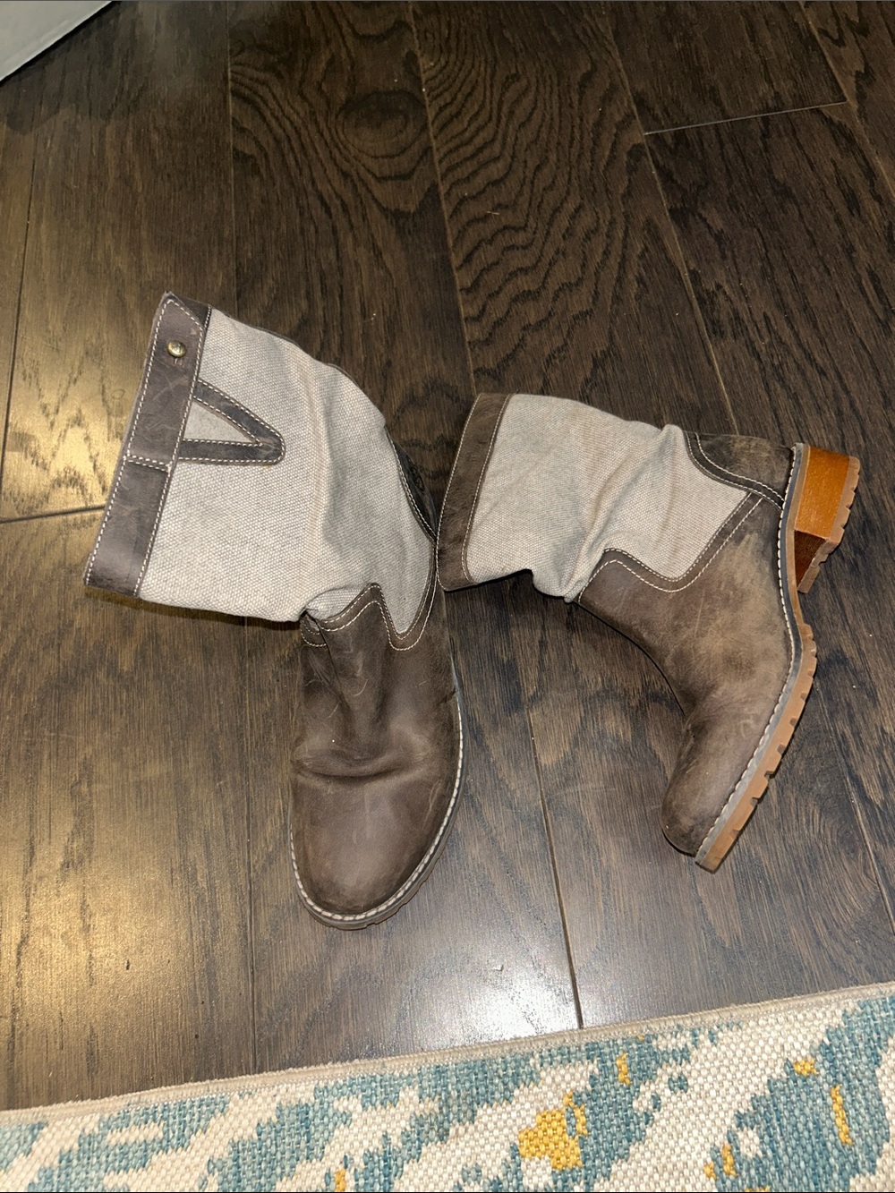 Timberland Brown Leather and Cream Canvas Pull-On Mid-Calf Boots